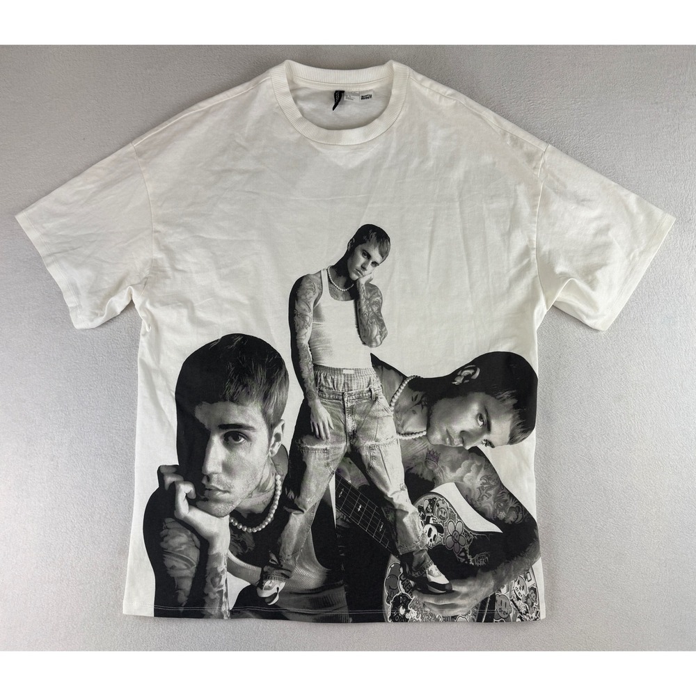 H&M Justin Bieber Graphic T-Shirt Mens Medium White 2022 Merch Collage Tee